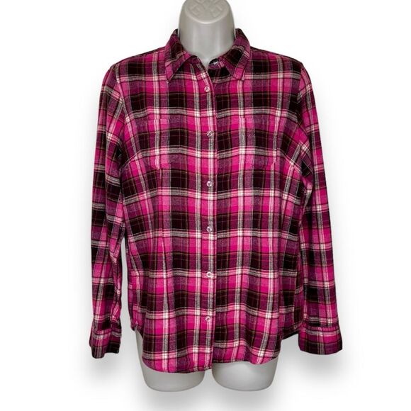 Wrangler Pink Plaid Flannel Long Sleeve Button Front Shirt Women Medium Cotton - Picture 1 of 11
